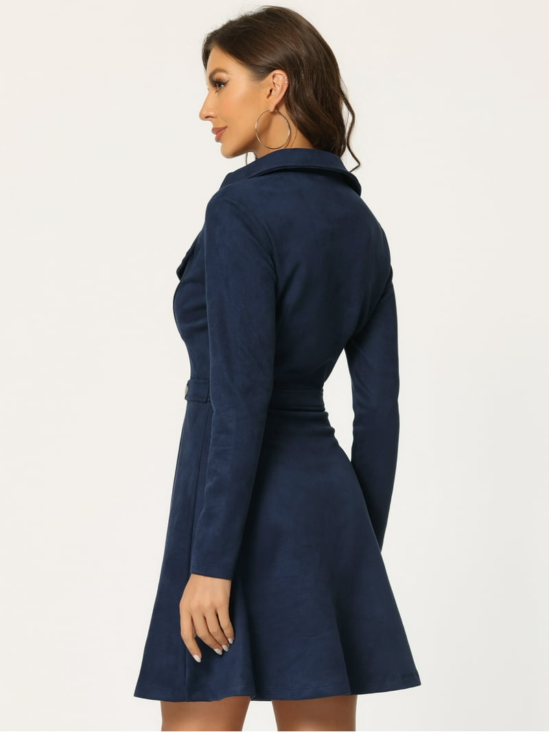 Unique Bargains Women's Faux Suede Dress Notched Collar Long Sleeve Dresses  M Dark Blue - Walmart.com