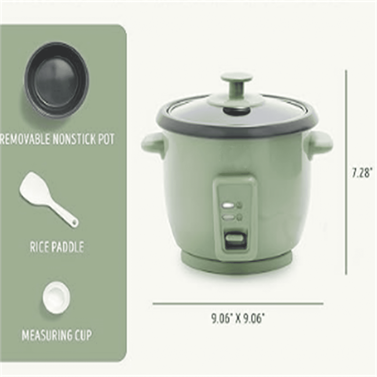 Rice Cooker with Removable PFAS-Free Nonstick Pot, 3-Cups Uncooked/6-Cups Cooked, One-Switch Design, Auto Keep Warm Function, Soup, Grains, Oatmeal, Wood Handle, Sage Green