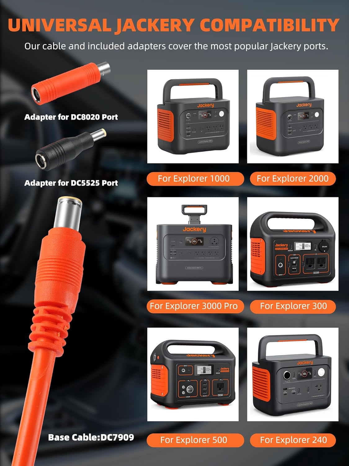 QIANJIA 14AWG Car Charging Cable for Jackery Explorer 3000/2000/1500/1000/880/550/300, 6.6FT/2M Power Cord with 7909 to 8020/5525 Adapters - UL Certified for Portable Power Stations