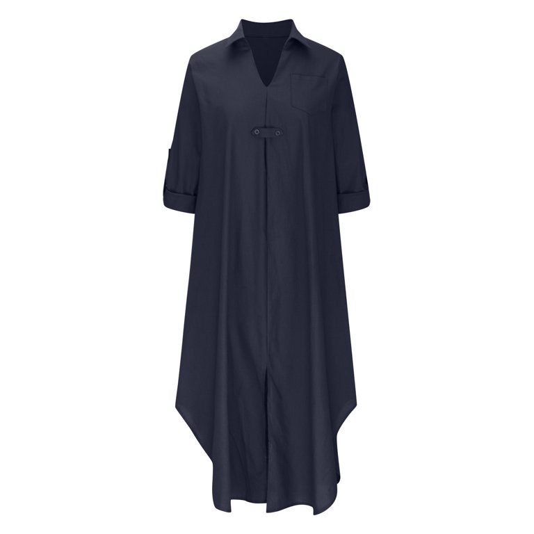 chinese dress ladies Vintage Linen Bat Sleeve Loose Pocket Shirt Dress Long Sleeve, Polo Co   puresunlady