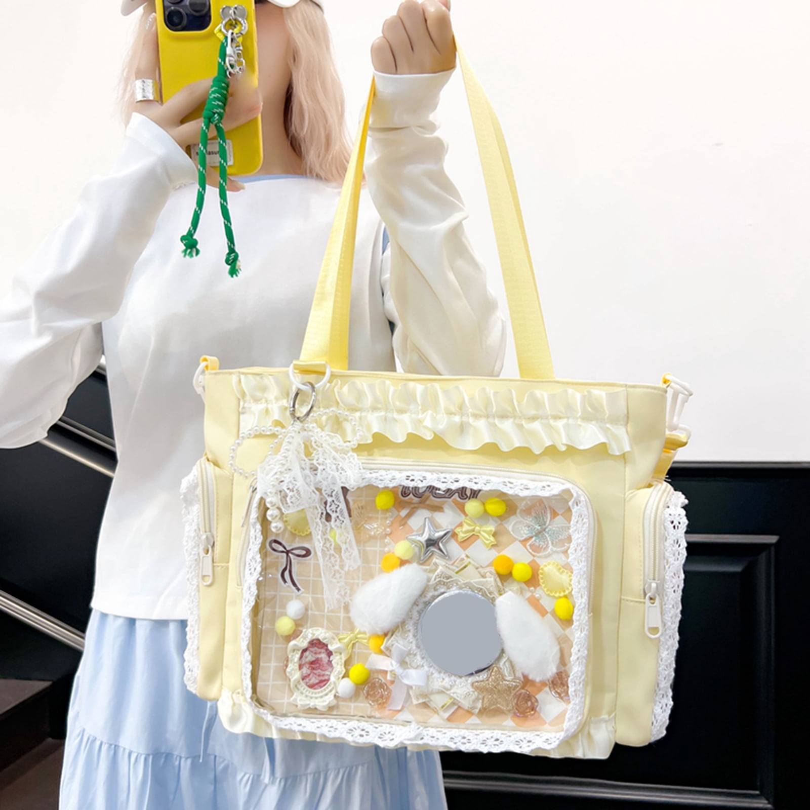 HUISZJ DIY Badge School Bag, Transparent Square Ita Bag with Zipper & Pendant, Large Capacity Shoulder Bag for Travel Work Student, Yellow