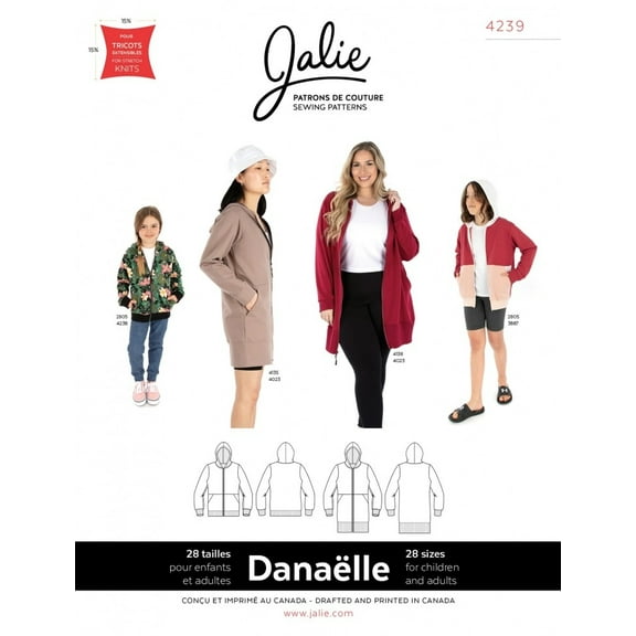 Jalie Sewing Pattern 4239 Danaelle Zip Hoodies Kids, Teenagers, Women 28 Sizes