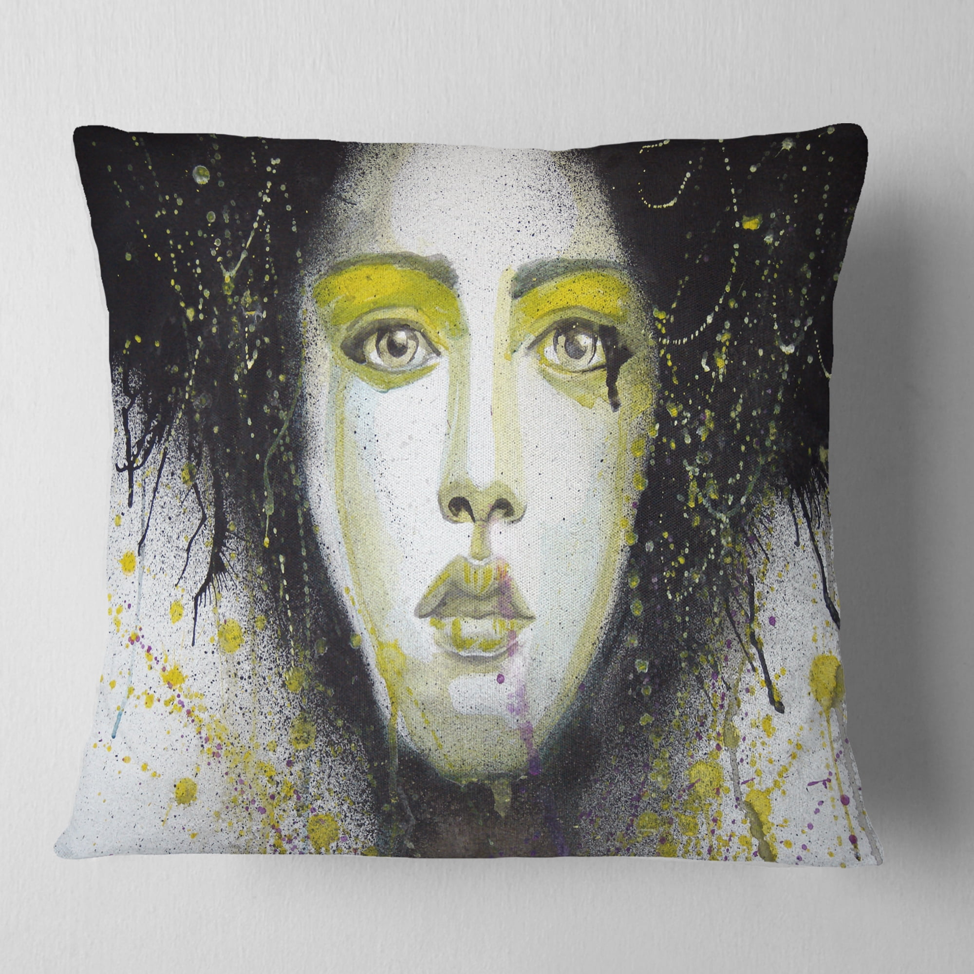 Designart Girl with Yellow Eye line Large - Abstract Portrait Throw Pillow - 16x16