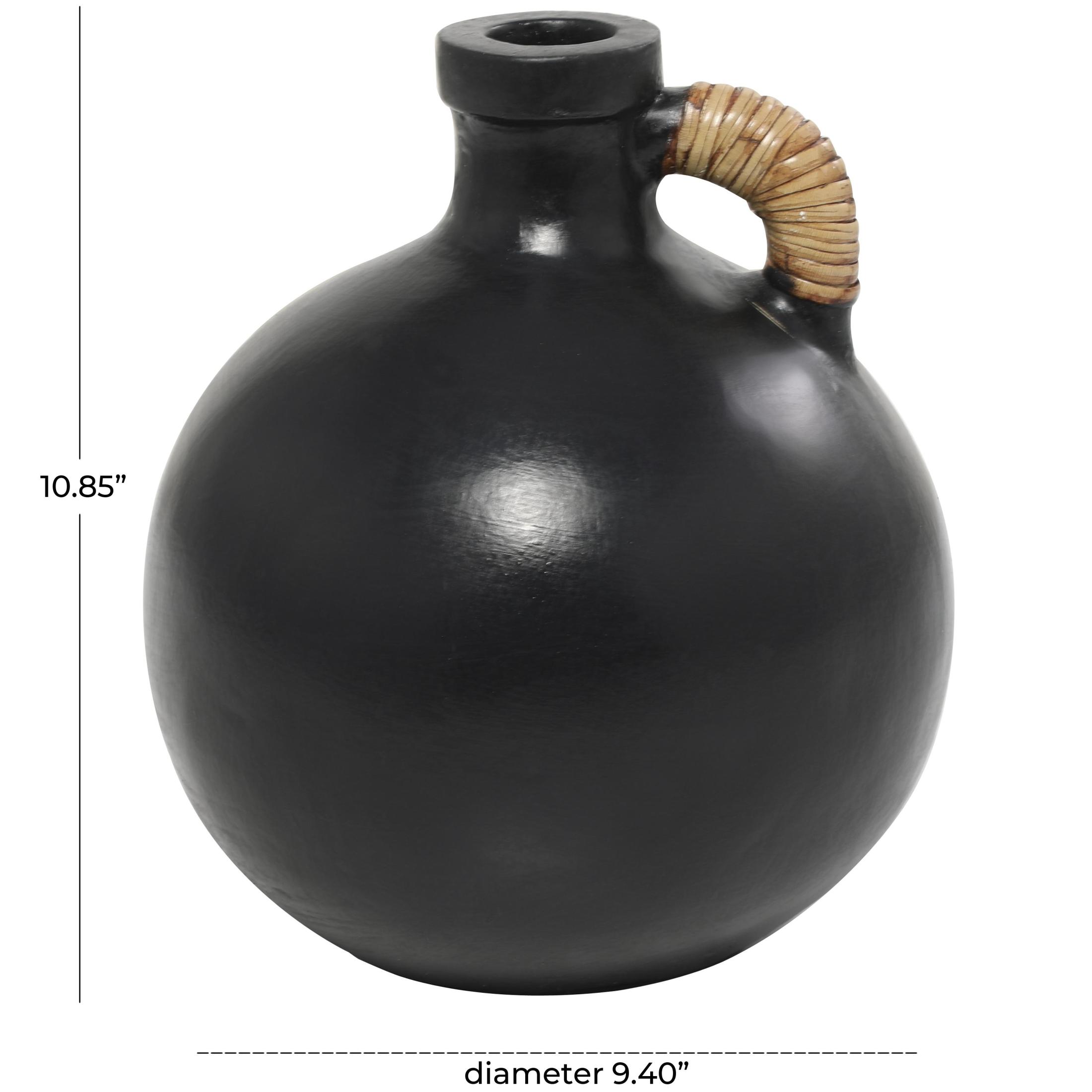DecMode 11" Jug Inspired Black Ceramic Vase with Rattan Wrapped Handle
