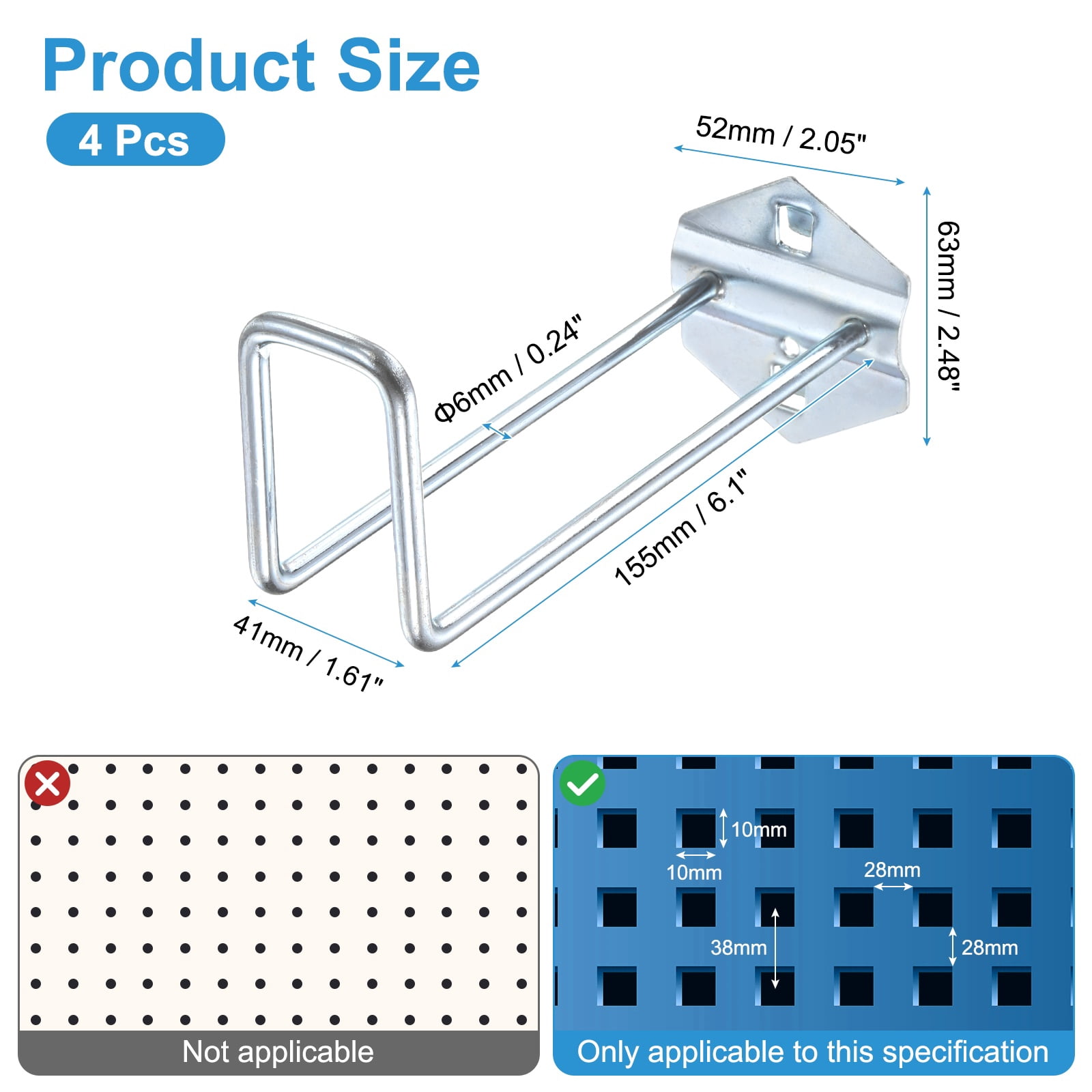 Uxcell 4Pcs Metal Square Peg Board Hooks, 6.1" Heavy Duty Square Hole Peg Hook for 3/8" Spaced Pegboards, Silver
