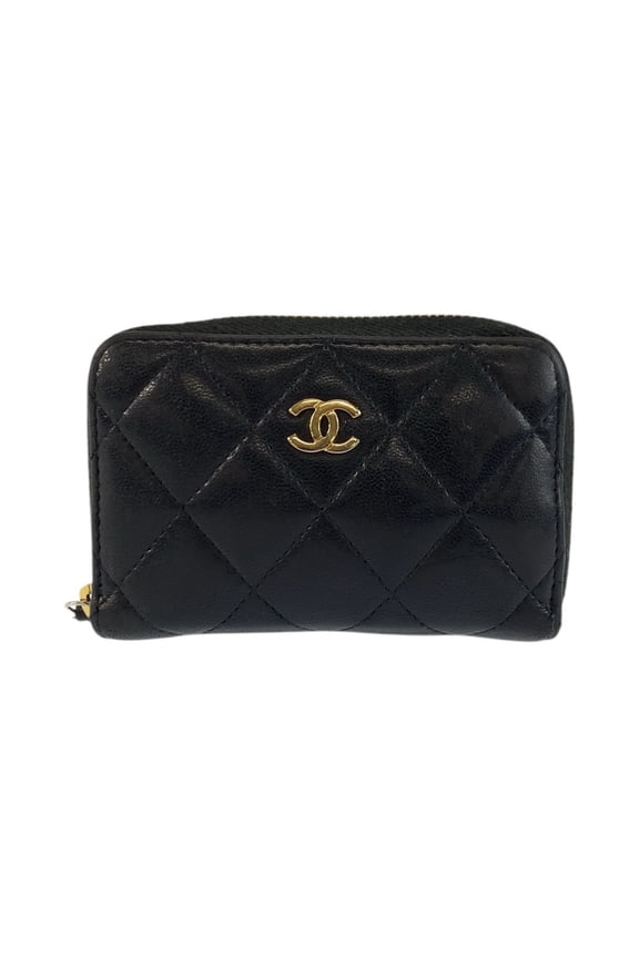 Pre-Owned CHANEL Matelass Classic Zip Coin Purse, Black with Gold Hardware, Leather...