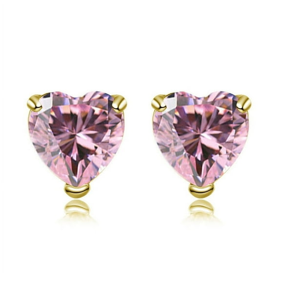 Bonjour Jewelers 14k Yellow Gold 1Ct Heart Pink Tourmaline Cubic Zirconia Stud Earrings Plated