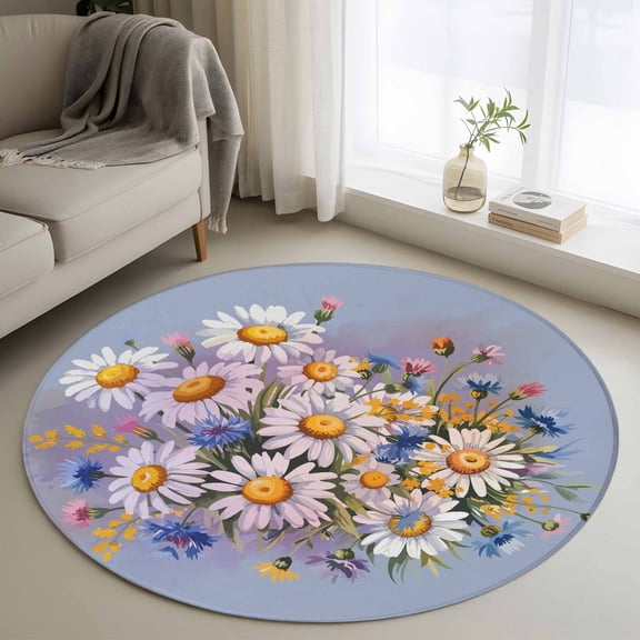 Round Area Rug 3.3 Ft, Watercolor Flowers Washable Non-Slip Circle Carpet for Living Room/Bedroom, Farmhouse Spring Botanical Daisy Plants Low-Profile Small Kitchen Mats Collection Rugs for Indoor