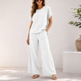thumbnail image 3 of Aofany Two Piece Sets for Women Cotton Linen Outfits Casual Crew Neck Solid Short Sleeve Top and Wide Leg Pants Set, 3 of 4