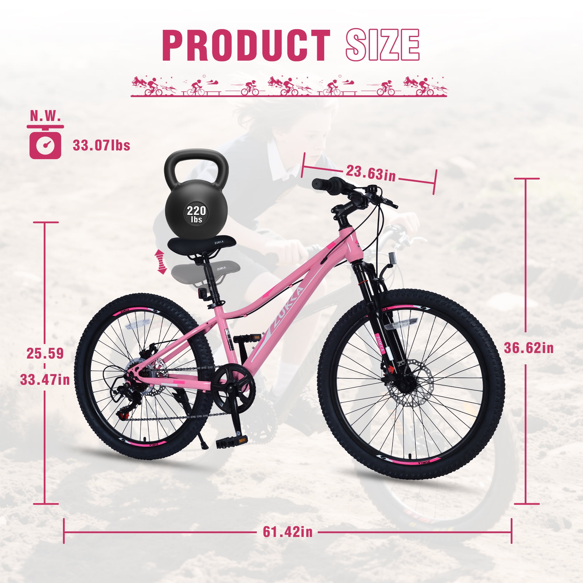 24 Inch 6-Speed Mountain Bike for Kids Boys and Girls, High-Strength Steel Frame Bicycle with Suspension Fork and Dual Disc Brakes, Adjustable Seat and All-Terrain Tires for Ages 9-12, Pink