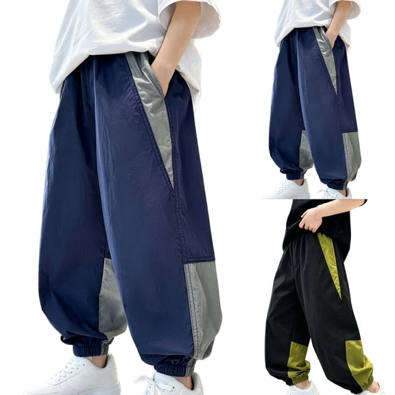 Miluxas Boys' Quick Dry Colorblock Joggers - Elastic Waist Loose Fit Pants, Lightweight Athletic Trousers for Outdoor & Play Navy 1 Years