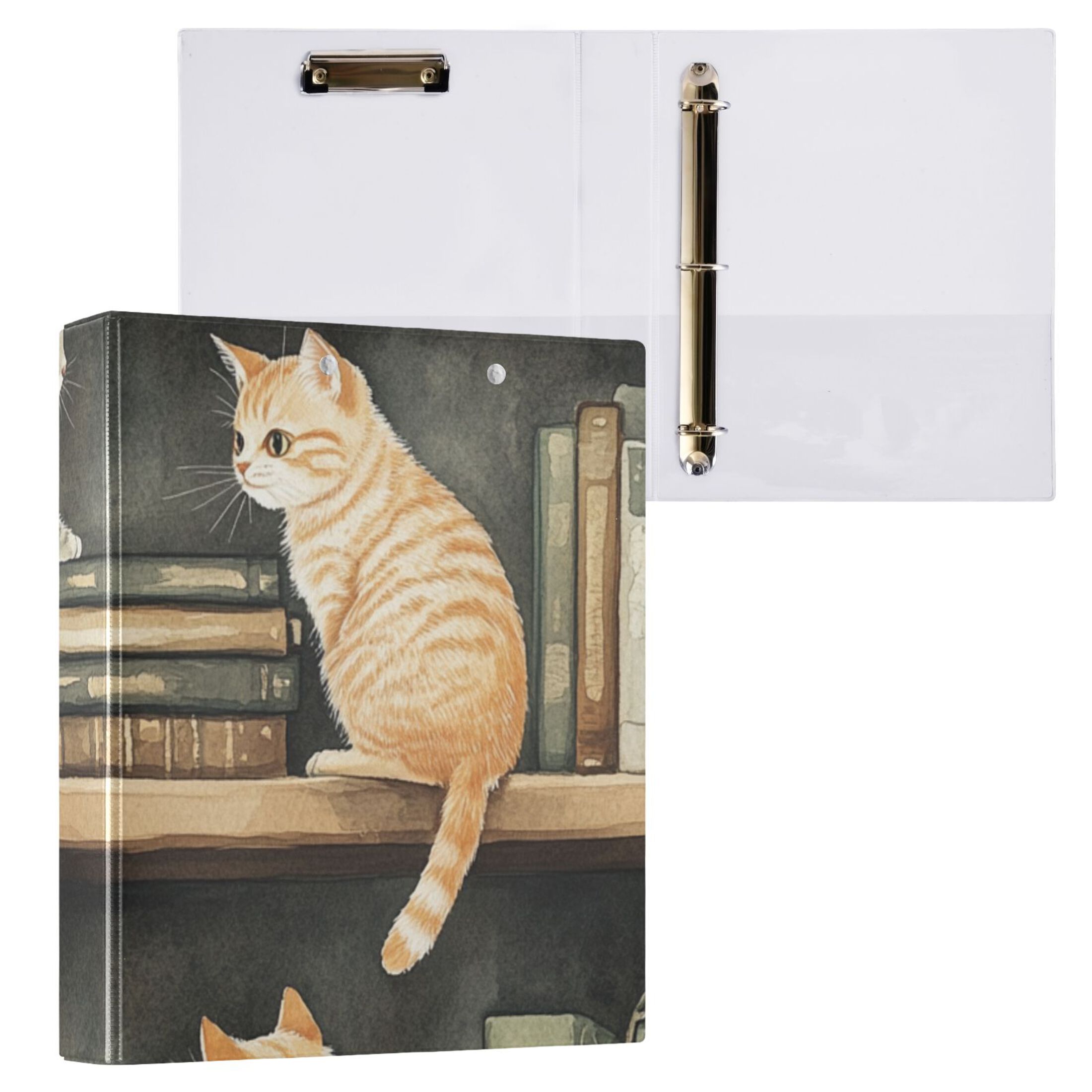 Cats and Books 3 Ring Binders 1.5 inch Hardcover File Folders with Interior Pockets A4 Size Organizer for School Office Hospital Set of 2