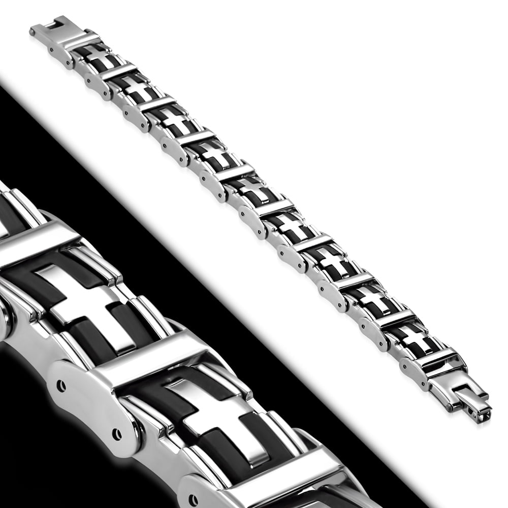 My Daily Styles Stainless Steel Black Silver-Tone Religious Cross Mens Link Bracelet