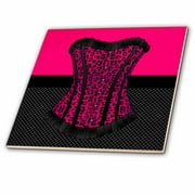 3dRose Pink and Black Cheetah Print Corset on Black Fishnet - Ceramic Tile, 6-inch