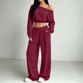 thumbnail image 4 of BRELIL Women's Two Piece Outfits Sets Long Sleeve Crop Top Wide Leg Elastic Waist Pants Casual Lounge Matching Tracksuit Fall Travel Vacation Loungewear, Wine M, 4 of 7