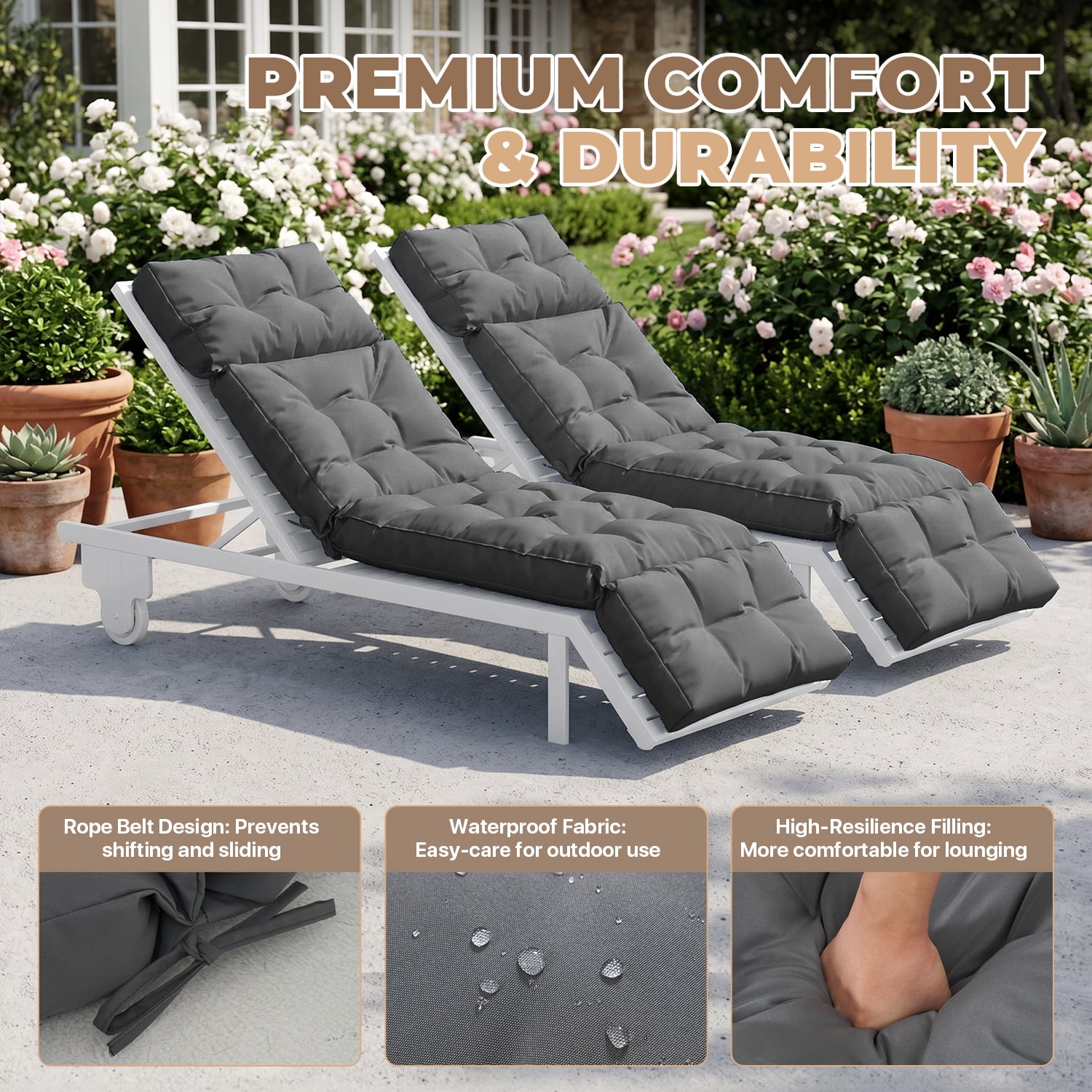 BaPiPro Set of 2 Upgraded 4-Segment Chaise Lounge Cushions, All-Weather Tie Fastened Pads with Plush PP Cotton, for Patio, Poolside & Balcony, Gray