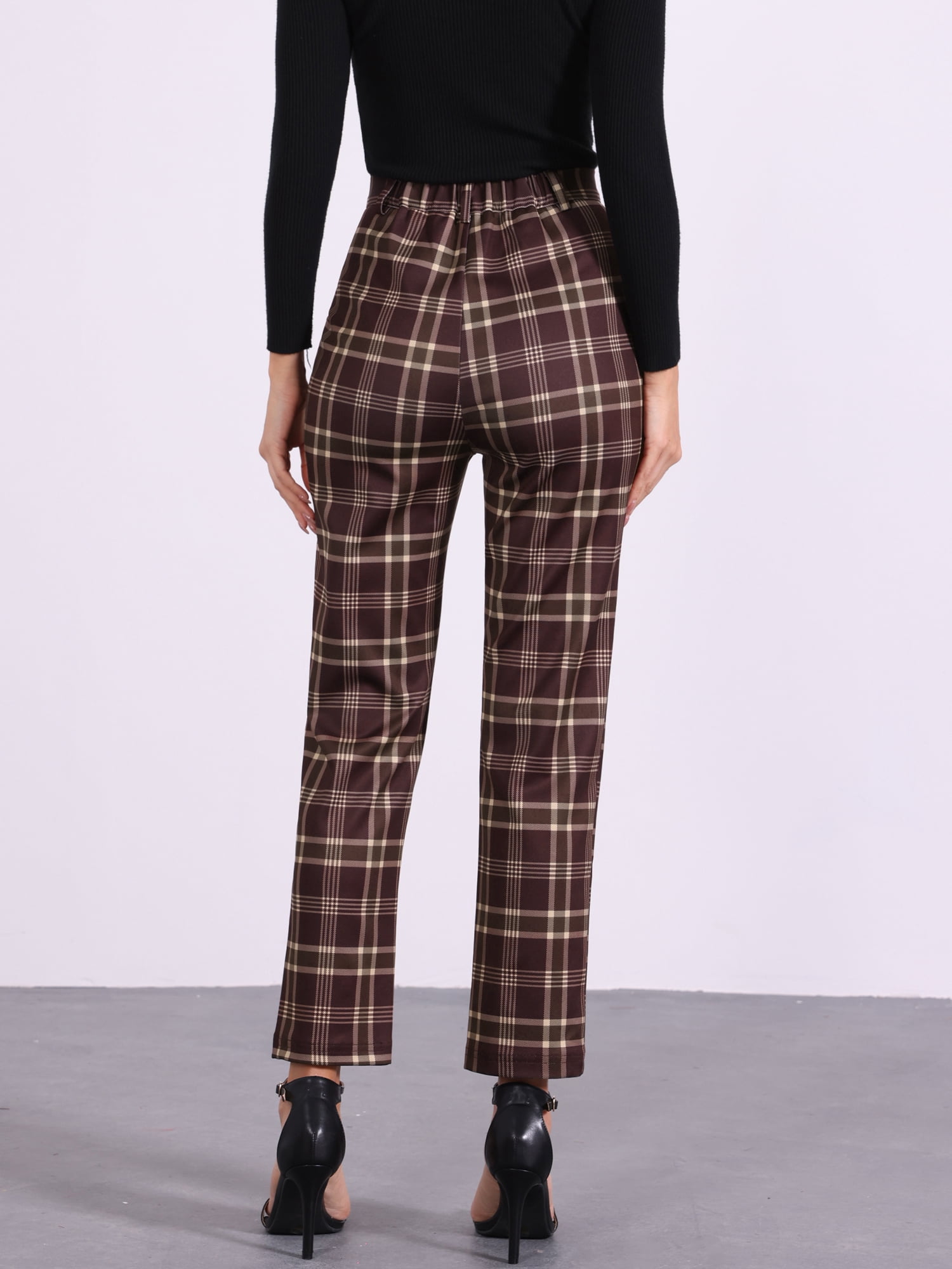 DARING DIVA Women's Plaid Trousers Button Tartan Check Work Pants M Red Brown