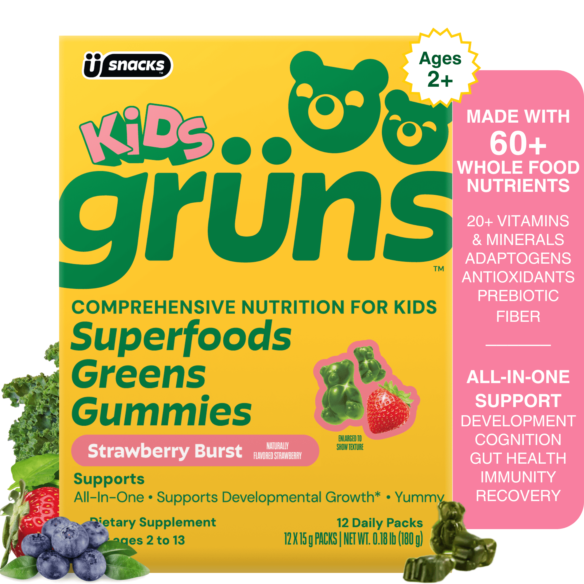 (2 pack) Grüns Kids Superfood Greens Gummies, Made with 60 Organic Ingredients, 20+ Vitamins & Minerals, Prebiotics, Adapotgens, Spirulina & Chlorella, Ages 2+, 12 Servings