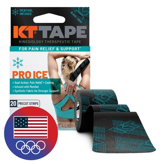 KT Tape Pro Ice Kinesiology Tape with Cooling Menthol for Dual-Action Pain Relief, Black, 20 Count