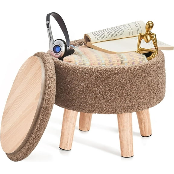 Ottoman with Storage, Small Foot Stool Ottoman with Legs, Teddy Velvet Foot Rest for Couch, Living Room and Bedroom - Brown