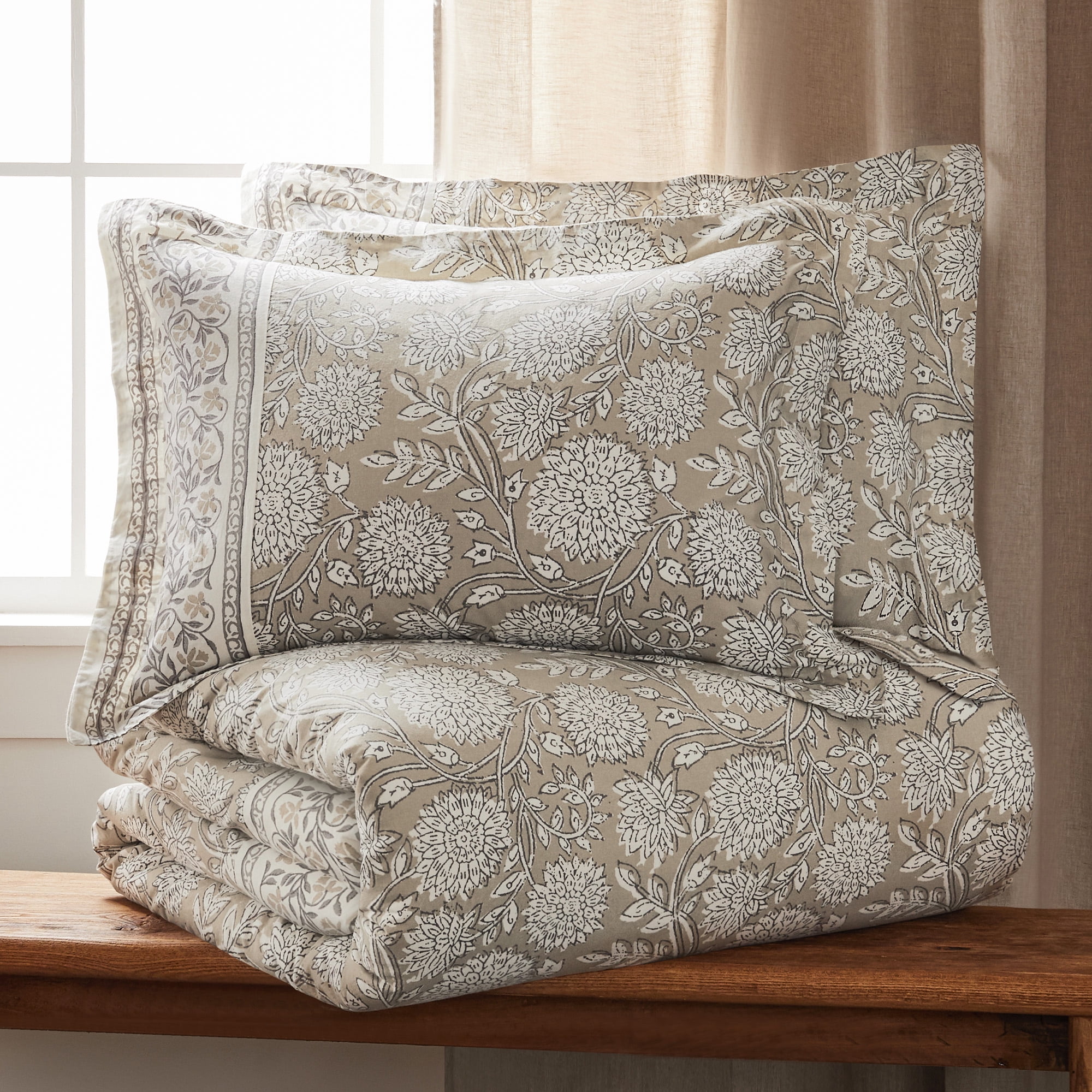 Levtex Home - Adare Taupe Duvet Cover Set - King Duvet Cover + Two King Pillow Cases - Bordered Floral - Taupe Grey and Cream - Duvet Cover (106 x 94in.) and Pillow Case (36 x 20in. ) - Cotton