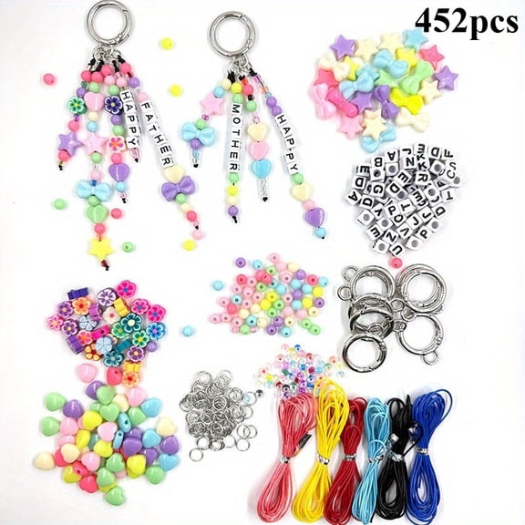 452 Pcs DIY Keychain Making Kit - Colorful Flower, Letter, Heart & Bow Charms With Beads & Ropes, Ideal For Party Favors & Handmade Gifts