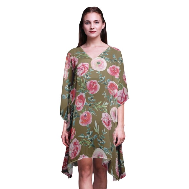 Bimba Robe Midi de Plage à Fleurs Kaftan Bikini par-Dessus pour Femmes Courte Caftan-S-L Vert Poussiéreux