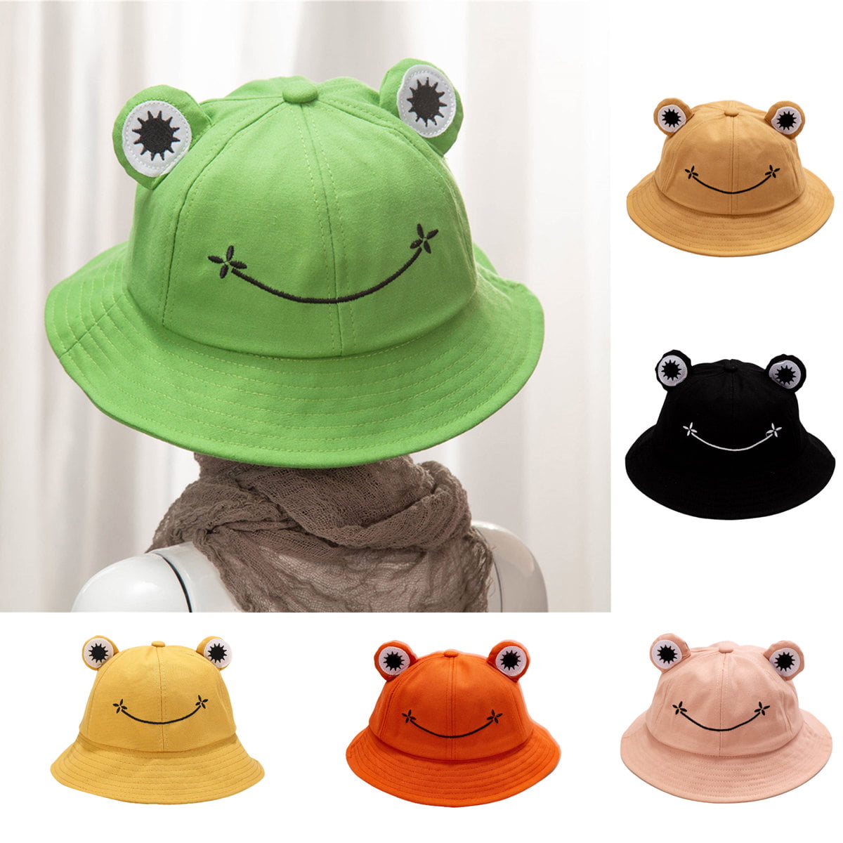 Cute Frog Bucket Hat Summer Outdoor Foldable Fisherman Hat Wide Brim Bucket Sun Hat for Women Men Adult 