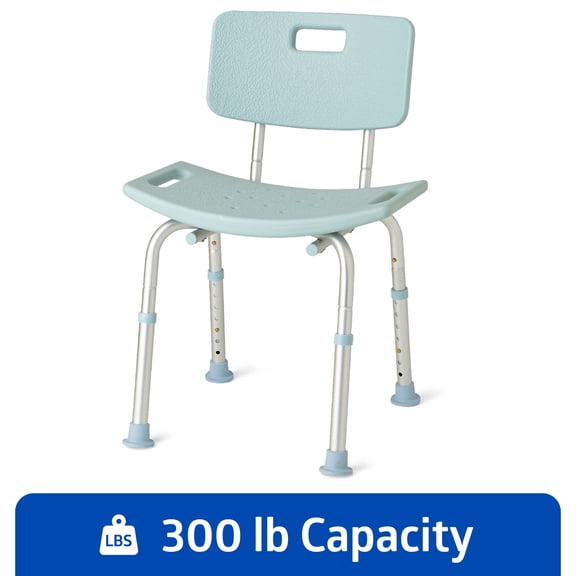 Medline Bath Chair and Shower Chair with Microban, Back and Armrests for Elderly, 12-In Seat, 300 lb Weight Capacity, Light Blue