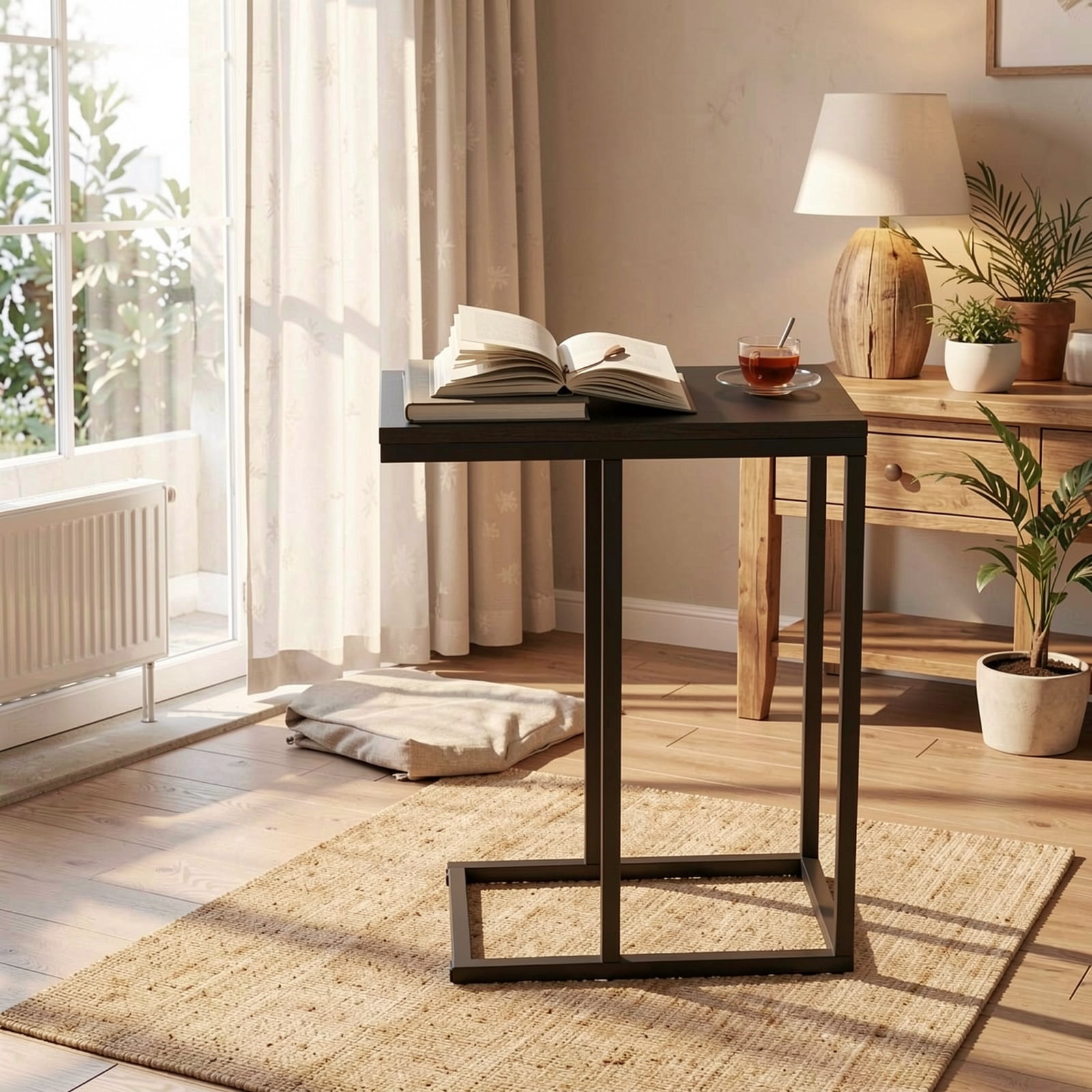 Furnibear C-Shaped End Table, Narrow Side Table for Sofa and Couch with Heavy-Duty Metal Frame, Space-Saving Snack Table for Living Room, Rustic Brown