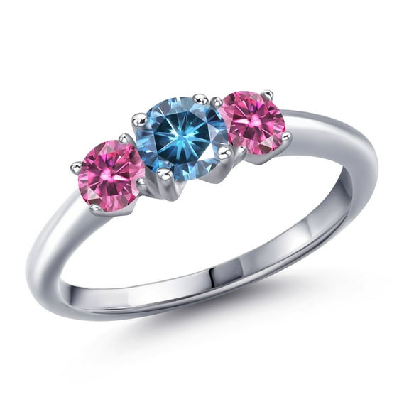Gem Stone King 925 Sterling Silver Persian Blue Moissanite and Pink Moissanite Engagement Ring for Women | 0.96 Cttw | Round 5MM | Gemstone Birthstone | Size 7