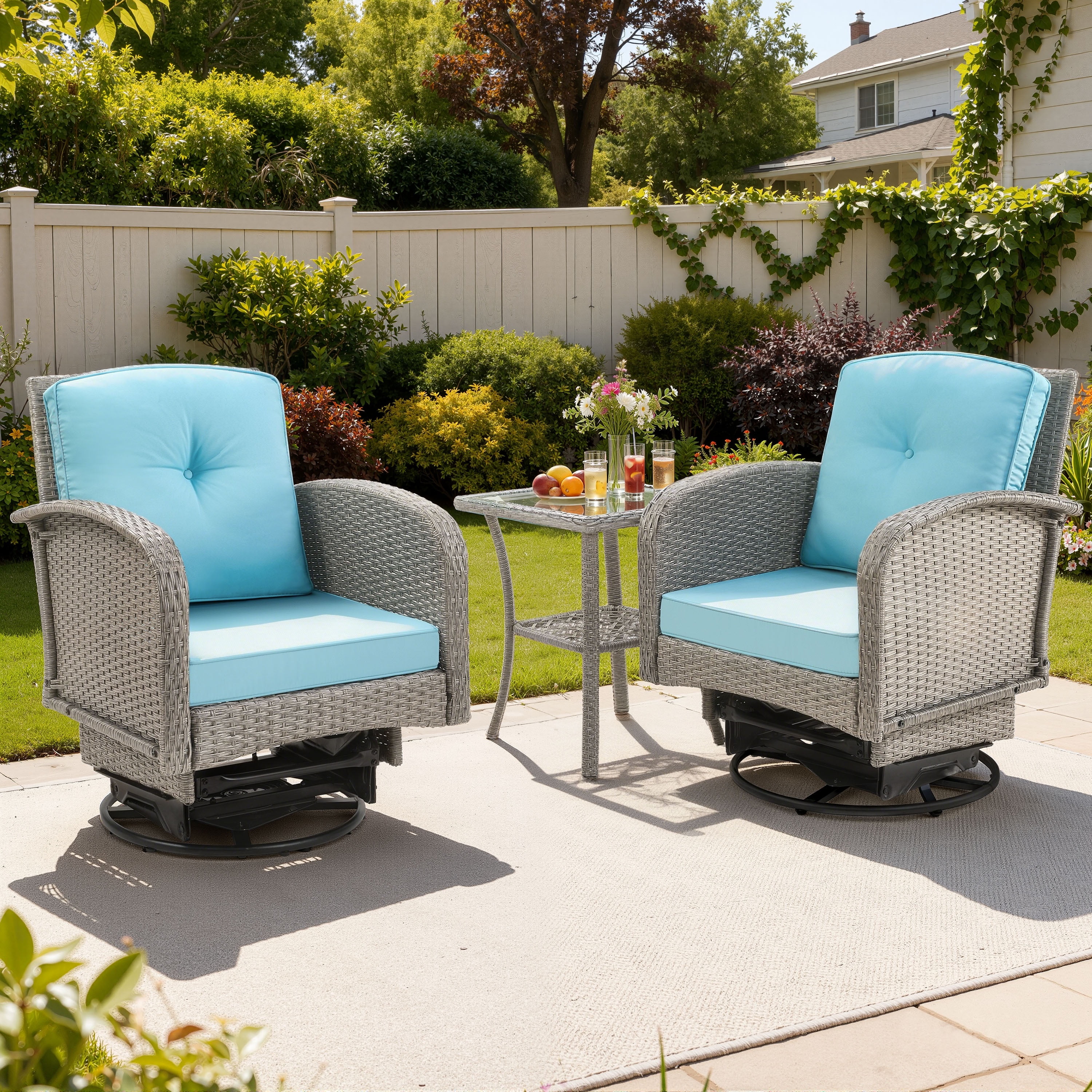 3 Piece Outdoor Bistro Swivel Chairs Set, Patio Bistro Set w/ 360° Swivel Rocking Chairs & Table, All-Weather Conversation Set with Metal Frame for Patio Backyard Porches or Garden - Blue