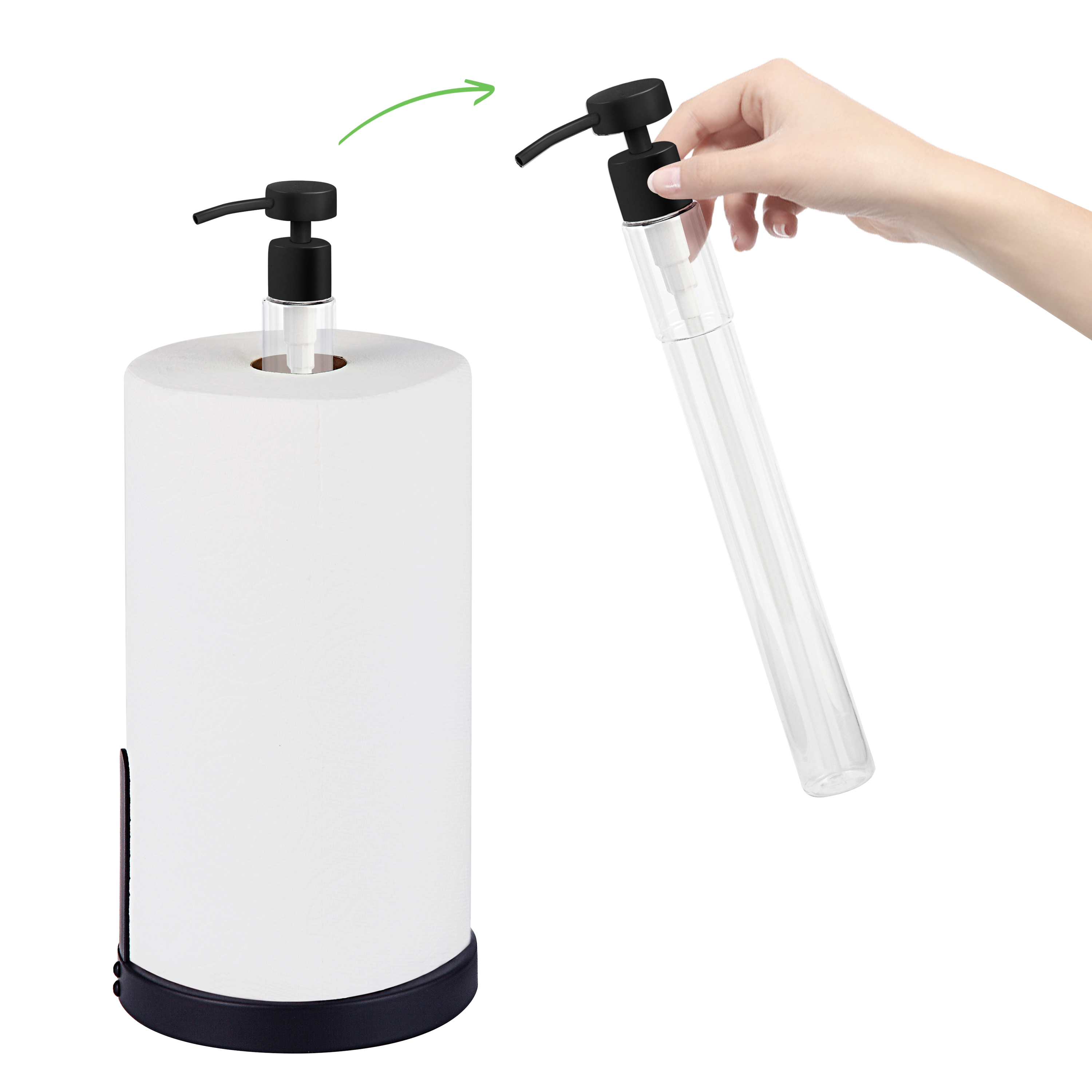 SunnyPoint Heavy Weighted Paper Towel Holder Stand with Built-in Pump Bottle – Matte Black