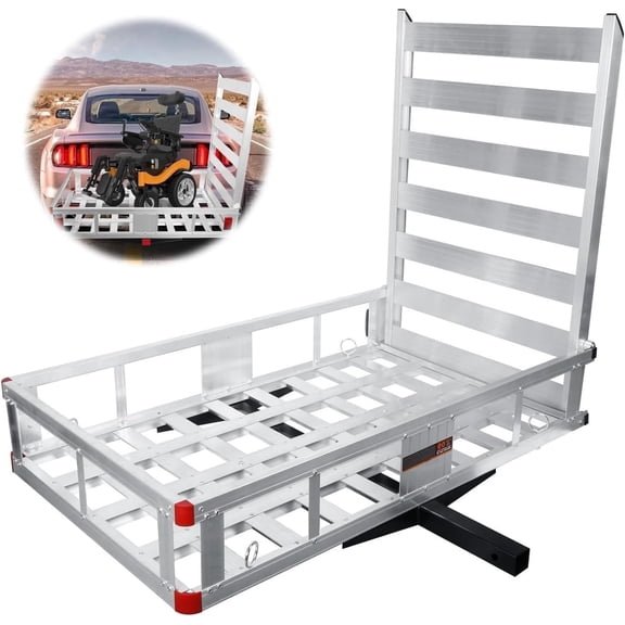 Aluminum Cargo Carrier with Ramp, 50 x 29.5 x 9 In Trailer Hitch Mount Cargo Basket for scooter, wheelchair, lawn mower, 750lb Load Capacity, Grey