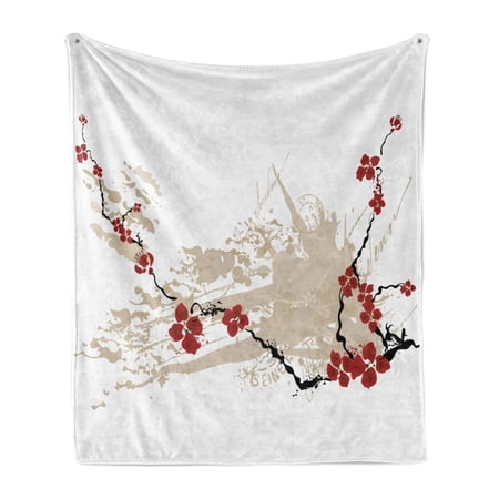 Flower Soft Flannel Fleece Throw Blanket  Illustration of Sakura Flowers on Grunge Background with Soft Pastel Colors  Cozy Plush for Indoor and Outdoor Use  60  x 80   Beige White Red  by Ambesonne