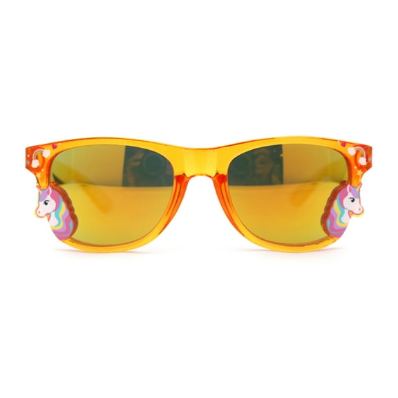 Girls Kid Size Rainbow Unicorn Badge Horn Rim Sunglasses Orange Mirror