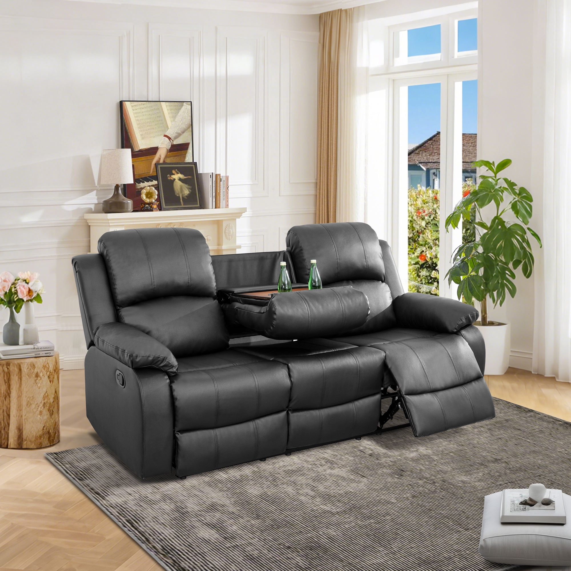 Gewnee 3-Seat Sofa and Recliner with Console and Cup Holders, Air Leather and High-Elasticity Sponge, Adjustable Reclining Angle, Ideal for Living Room, Black