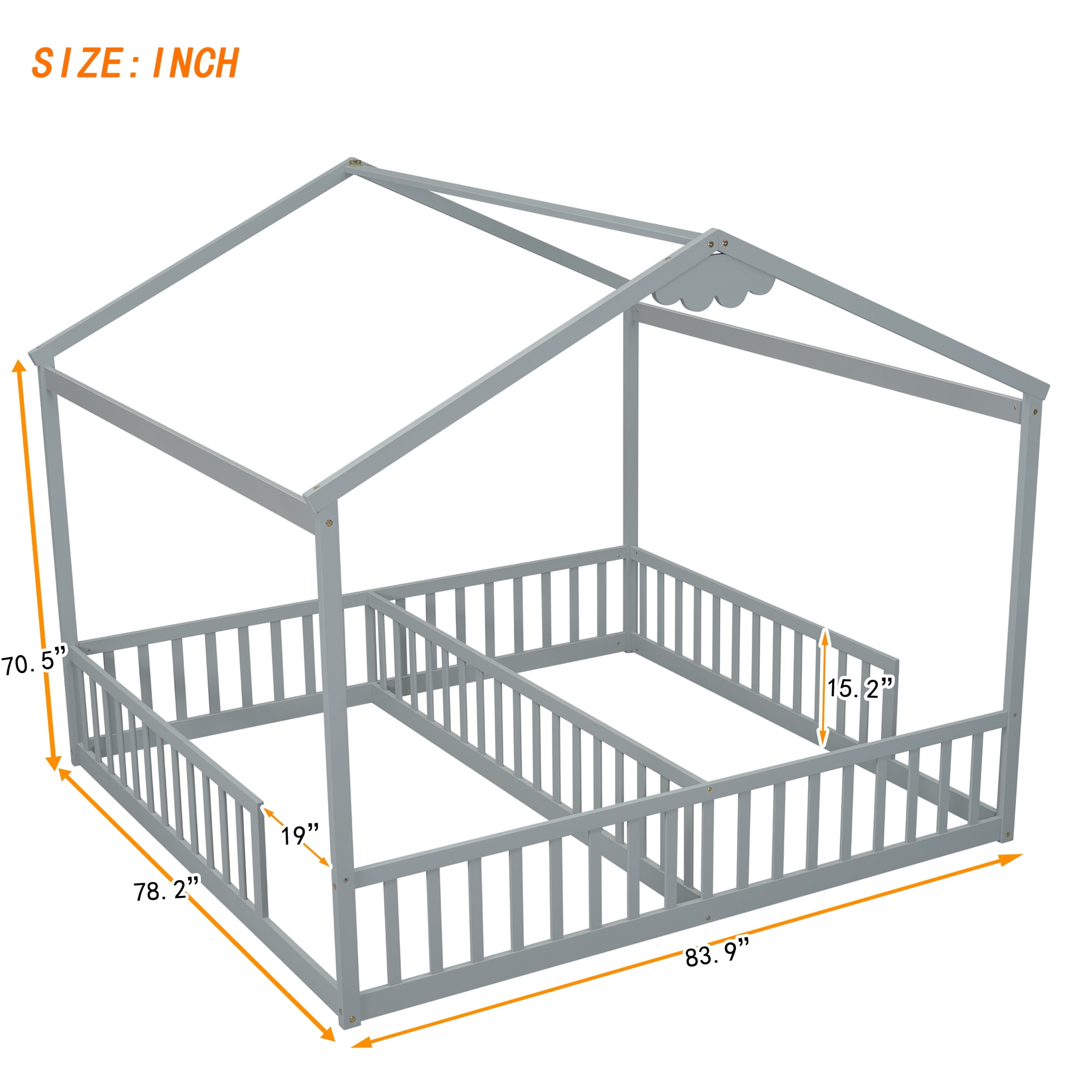 Aukfa Double Twin Bed Frame for 2 Kids Toddlers, Two House Bed with Fence, Two Shared Beds, Gray