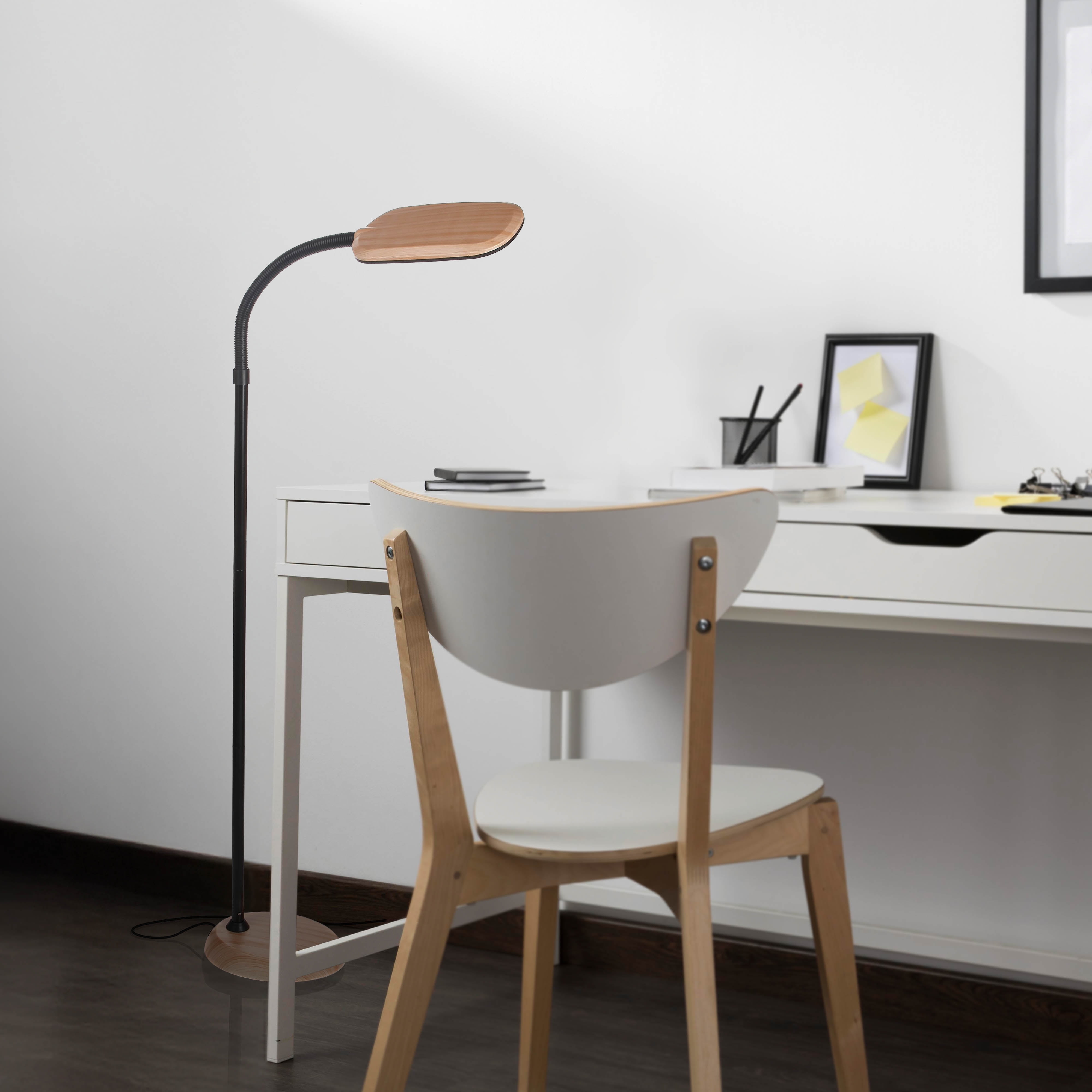 Brightech Litespan Slim LED Lamp, Modern Floor Reading Lamp Over Chair for Living Rooms & Offices, Tall Lamp with Adjustable Gooseneck, Crafts Work Light, Dimmable Standing Lamp for Bedroom - Wood