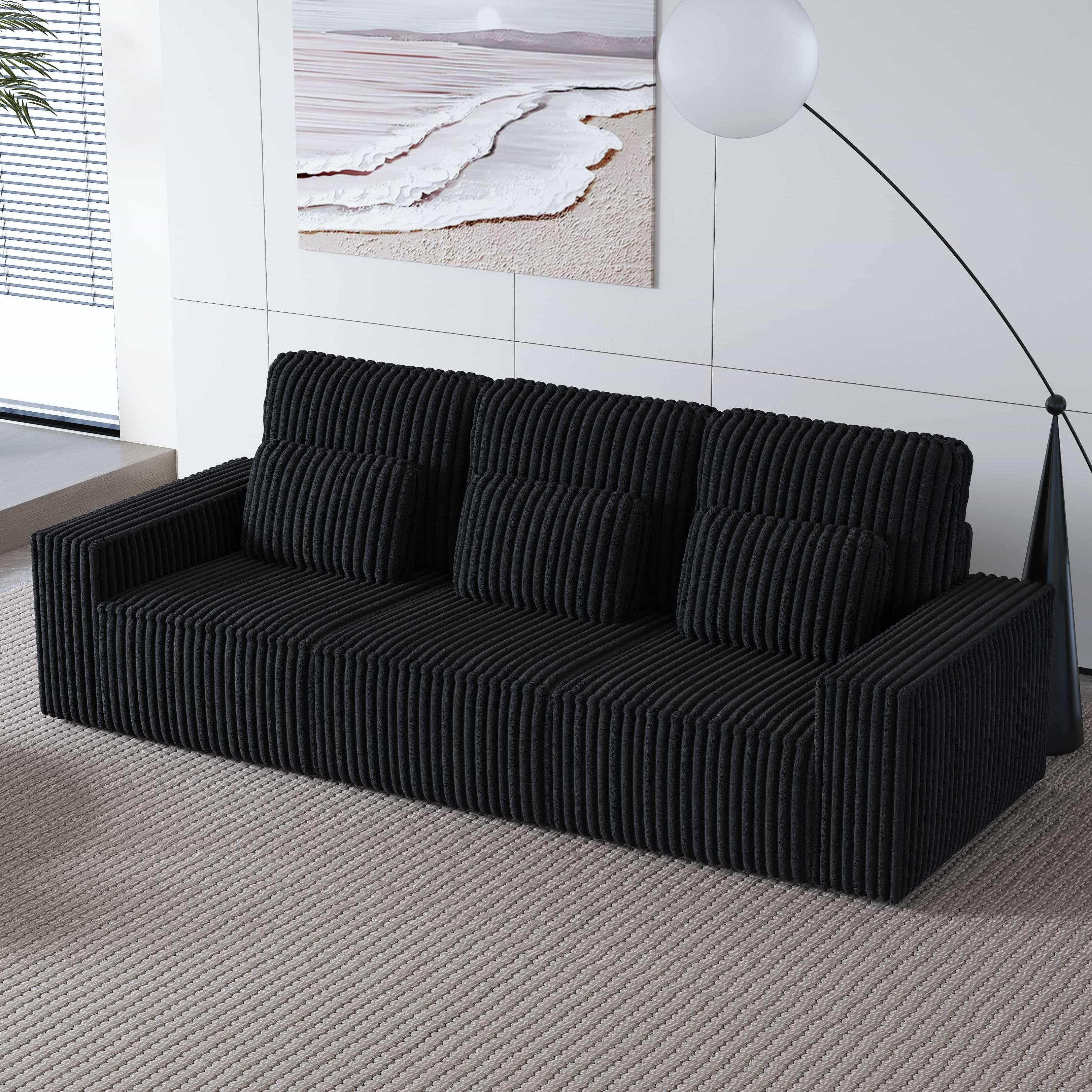 BSHTI Classic Corded Comfort Sofa with Pillows, Three-seater sofa, Corduroy Upholstery, removable back cushions, Easy to assemble, Black