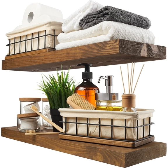 Rustic Shelf 24 Inch, Wood Floating Shelves Set Of 2, Floating Shelf For Wall Mounted, Wide Wooden Wall Shelves For Living Room Bedroom Kitchen Bathroom, Dark Walnut, 24W X 6.7D