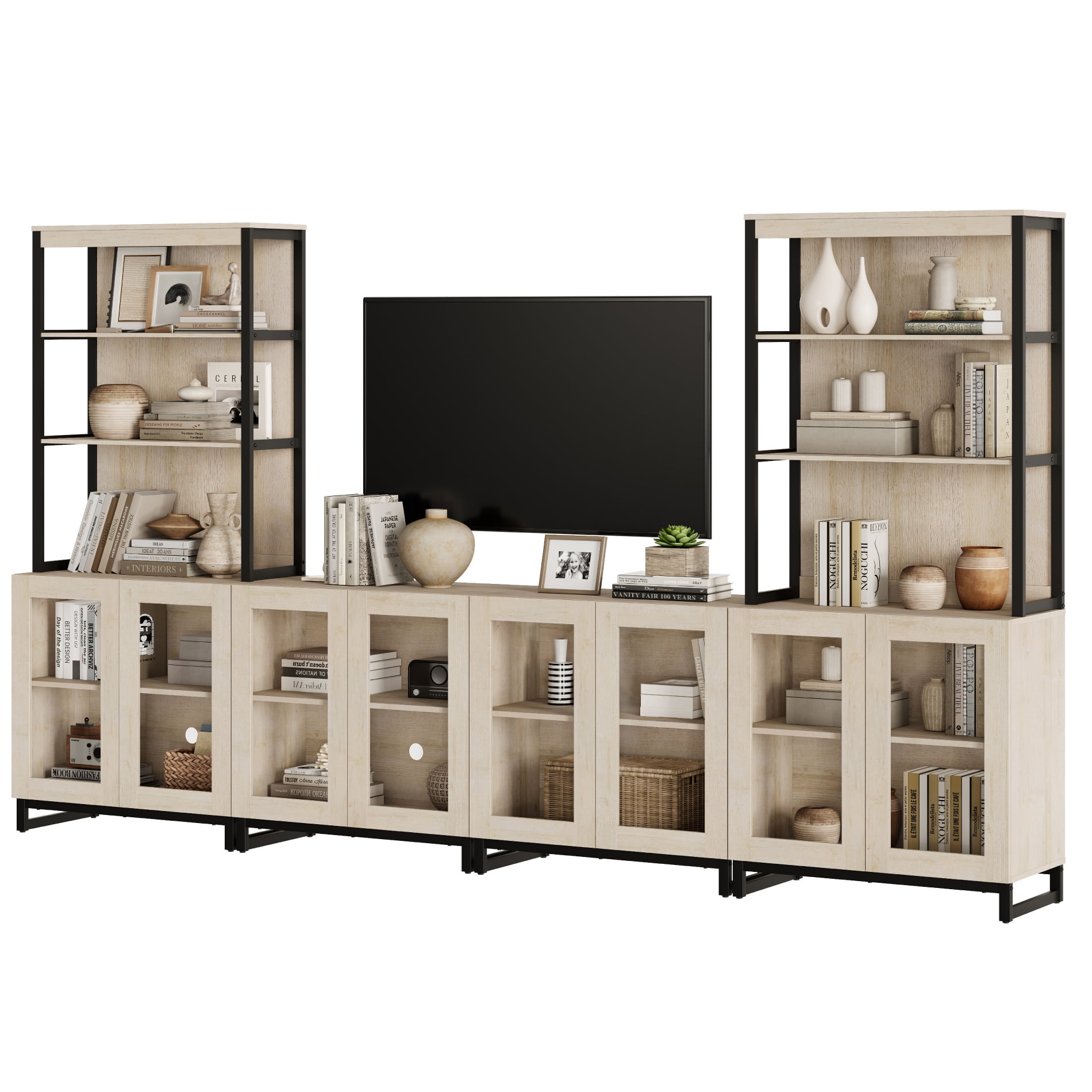 WAMPAT Modern TV Stand with 3 Tiers Bookshelf, Farmhouse Entertainment Center with 4 Large Storage Cabinets and Adjustable Shelf, Wooden Media TV Console with Glass Doors for Living Room, Beige