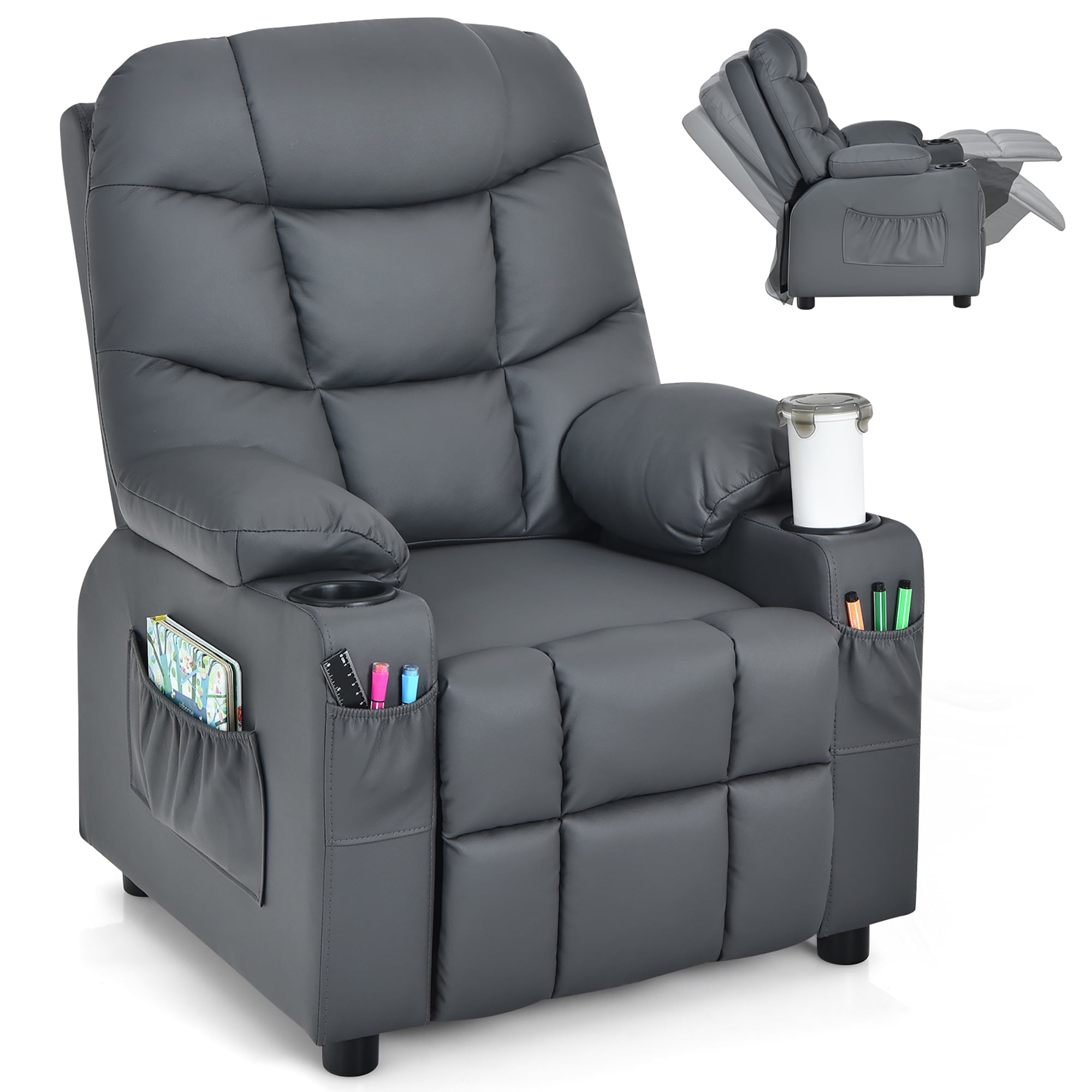 TIM-LI Kids Recliner Chair with Cup Holder Boys & Girls Youth Recliner,Black Children PU Leather Padded Backrest Armchair 
