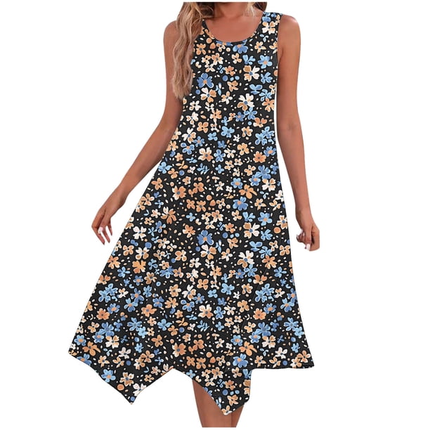 Vestido de Verano para Mujeres sin Mangas Cuello Redondo Impreso Vestido Casual de Bolsillo con Doblado Irregular, Vestido de Poliéster Ligero para la Primavera Y el Verano de Uso Diario, Vacaciones
