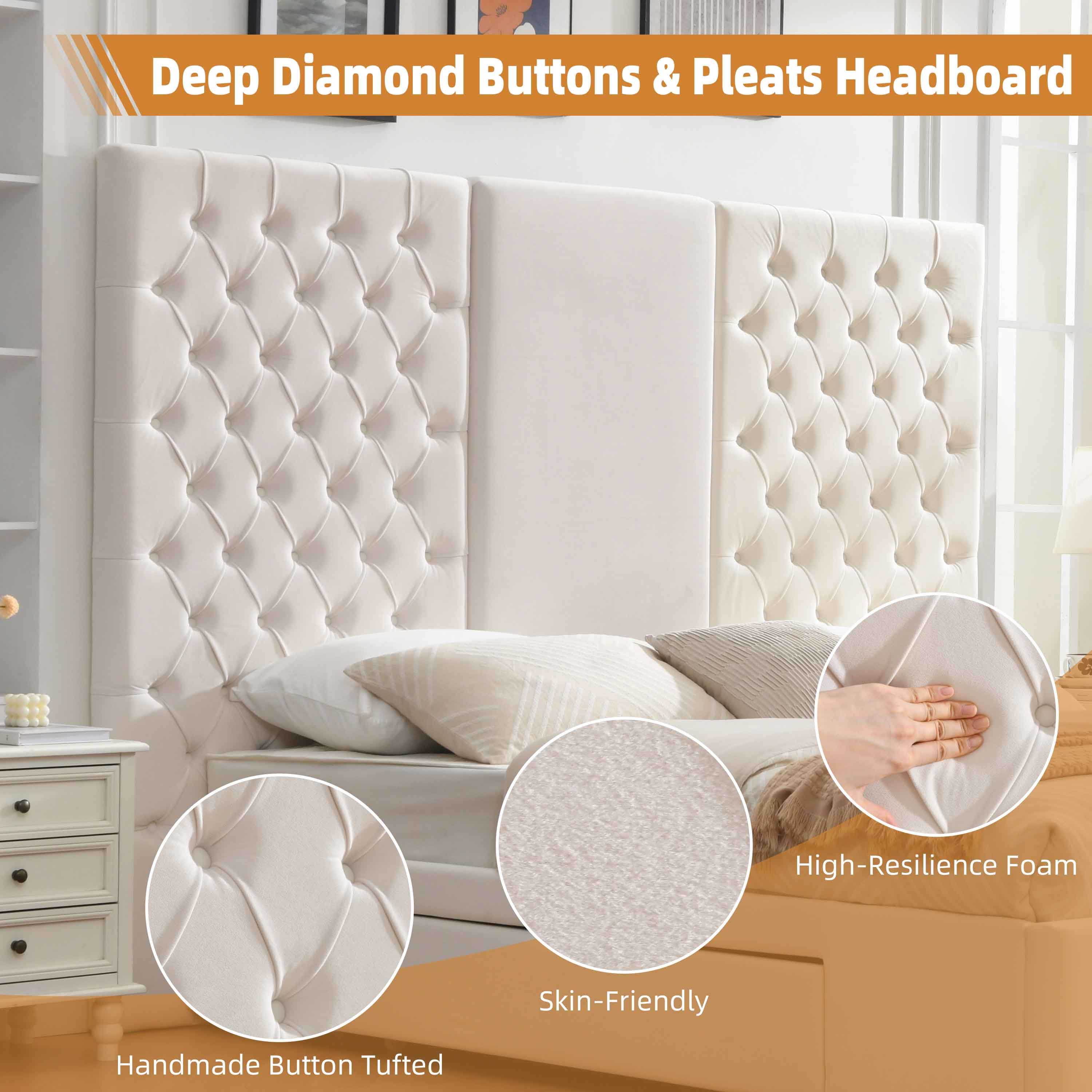 King Size Bed Frame 63.58" Tall Headboard, Velvet Upholstered Platform Bed, Drawers & Button Tufted, Easy Assembly, No Box Spring Needed, Cream