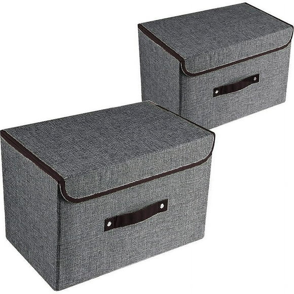 Set of 2 Large Storage Boxes with Lids and Handles, Foldable Linen Storage Bins Organizer Containers Cube Baskets with Removable Divider for Bedroom C