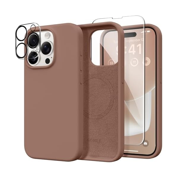 wonima11 GONEZ for iPhone 15 Pro Max Case Silicone, Compatible with Magsafe, Camera Protector + Screen Protector, Soft Anti-Scratch Microfiber Lining, Liquid Silicone Shockproof Phone Cover, Brown