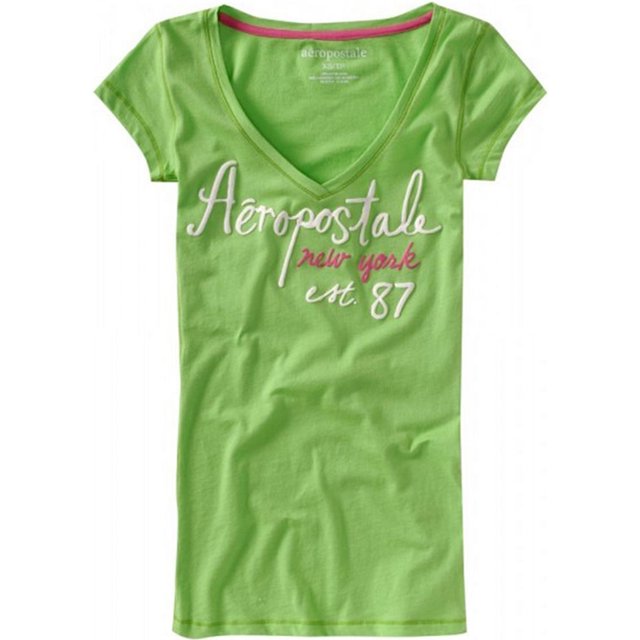 Aeropostale - Camiseta gráfica para mujer con cuello en V y manga Est 87, verde, pequeña