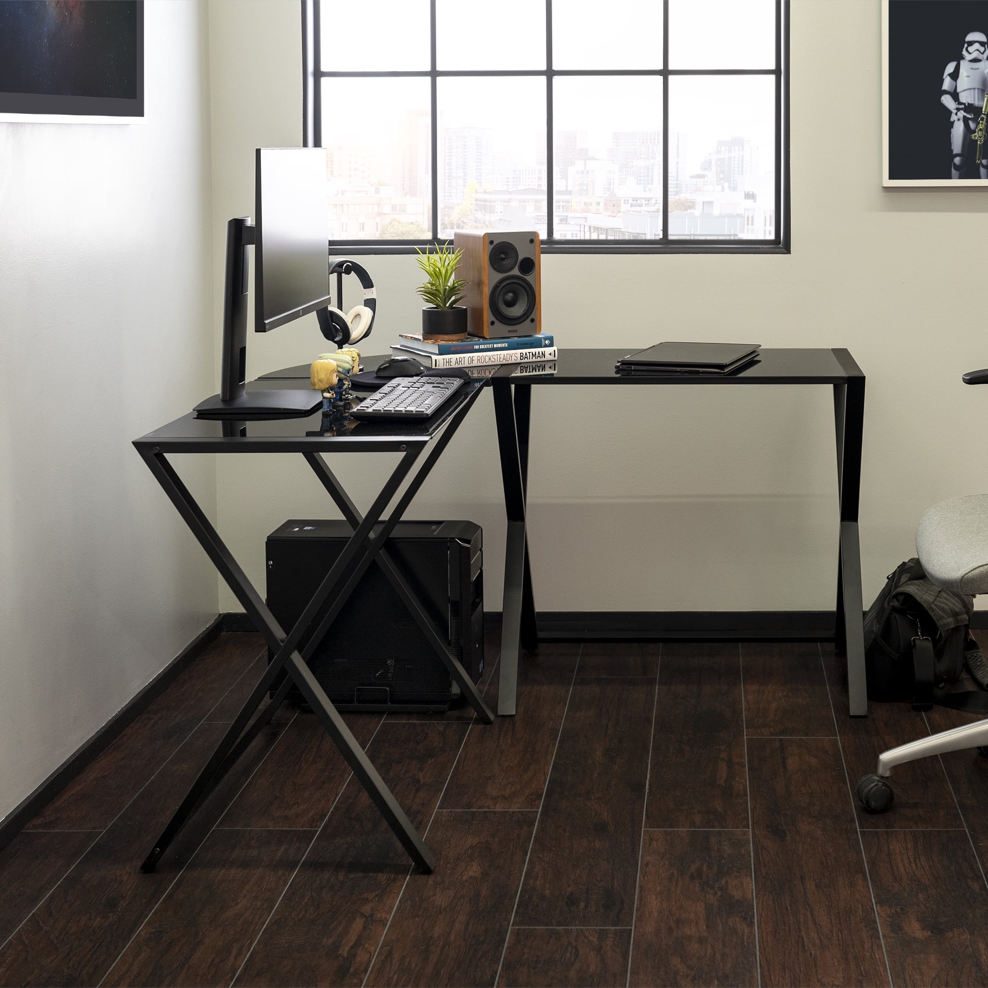 Modern Glass and Metal X-Frame Black L-Shaped Corner Computer Desk by Manor Park