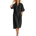 thumbnail image 6 of Ovbmpzd Summer Long Boho Beach Dresses for Women Linen Loose Sundresses V-Neck Short Sleeves Black T-Shirt Dresses With Pockets,L, 6 of 6